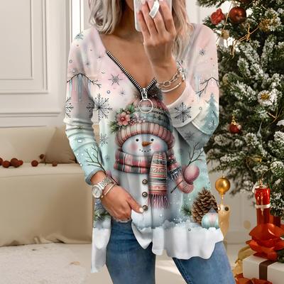 Женские осенние рождественские футболки с длинным рукавом с принтом, свободные, с V-образным вырезом, больших размеров, топы, удобная блузка