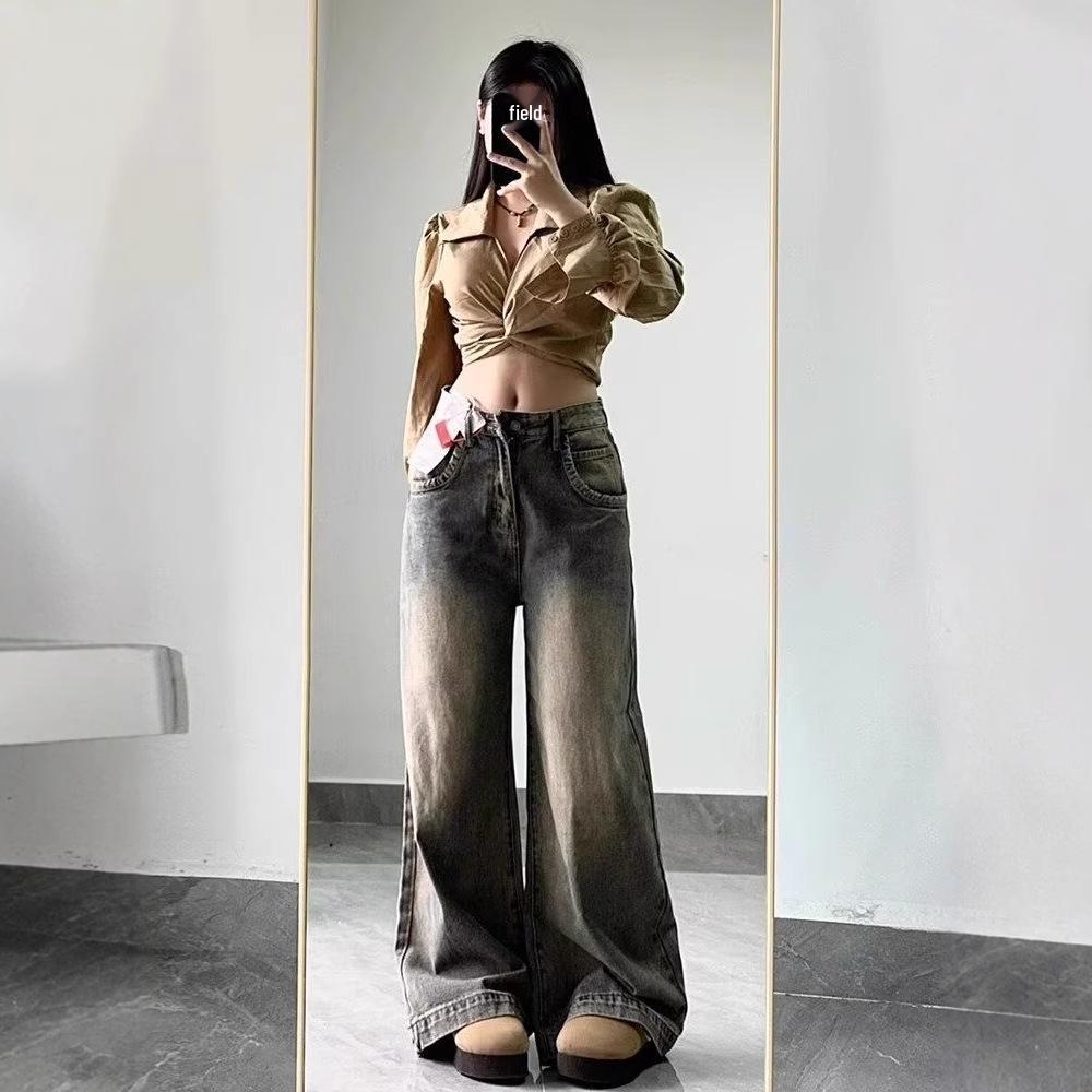 2025 Women's High-Waist Retro Straight Leg Jeans: Slimming, Loose-Fit, Wide-Leg Autumn Pants