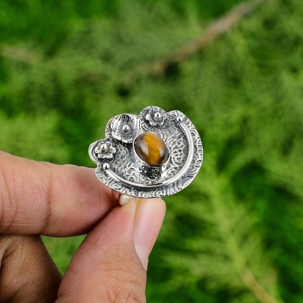 Natural Tiger'S Eye Gemstone Promise Flower Yellow Adjustable Ring 925 Silver