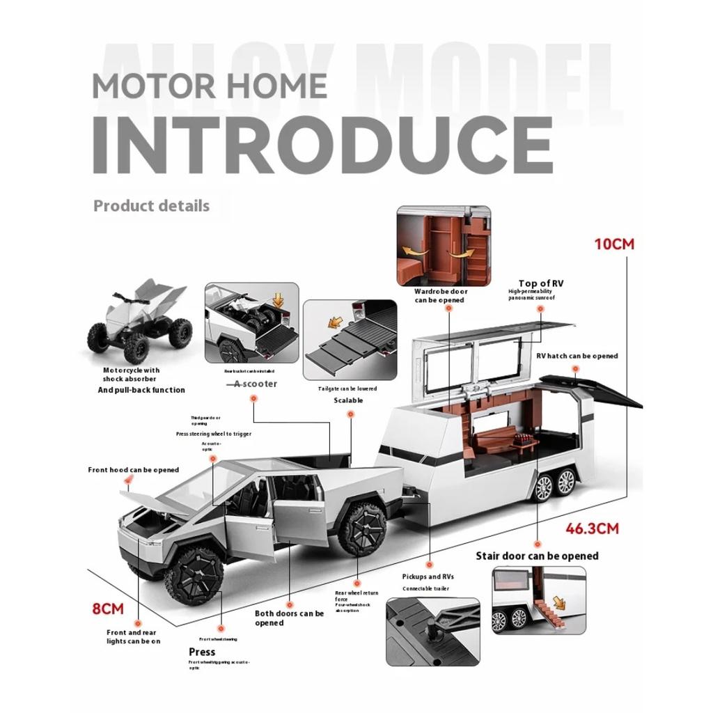 Масштаб 1/32 Пикап Tesla Cybertruck Прицеп RV Металлический сплав Игрушки Модель автомобиля Литой под давлением Внедорожник Подарок для мальчиков детей Коллекция Украшения для грузовика