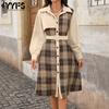 Women's Fashion Spring Fall Plaid Print Long Sleeve POLO Neck High Waist Casual Dresses