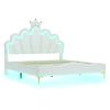 Flat Bed 140x200cm Double Bed, Crown-Shaped Princess Soft Upholstery Made of Faux Leather, Adjustable LED Ambient Light Strip, White Upholstered