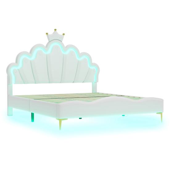 Flat Bed 140x200cm Double Bed, Crown-Shaped Princess Soft Upholstery Made of Faux Leather, Adjustable LED Ambient Light Strip, White Upholstered