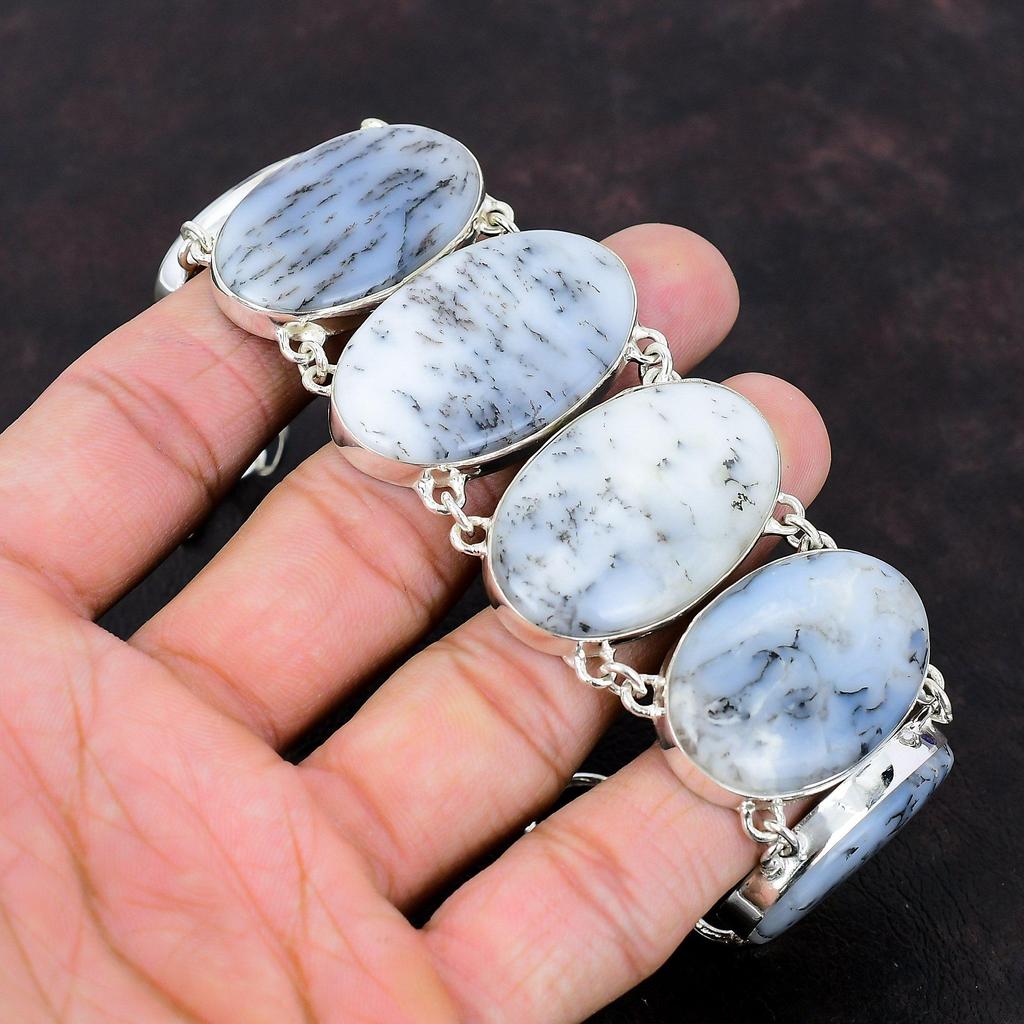 Браслет с дендритом и опалом, ювелирные изделия из натуральных драгоценных камней, приличный браслет ручной работы, браслет из стерлингового серебра 925 пробы, регулируемый браслет-цепочка, свадебный подарок