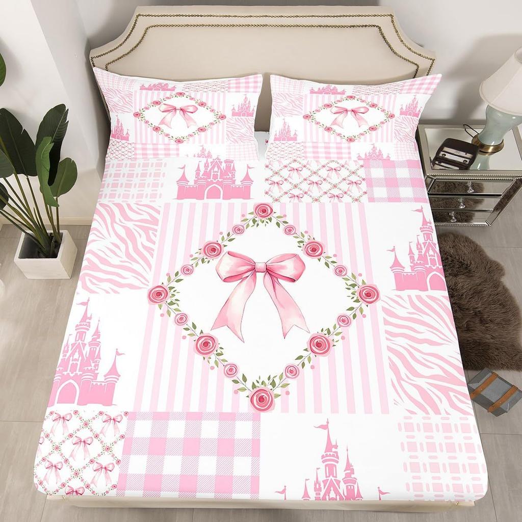 Simple Bow Pattern Mattress Three-Piece Digital Printing Mattress Bedding Set Adult Children