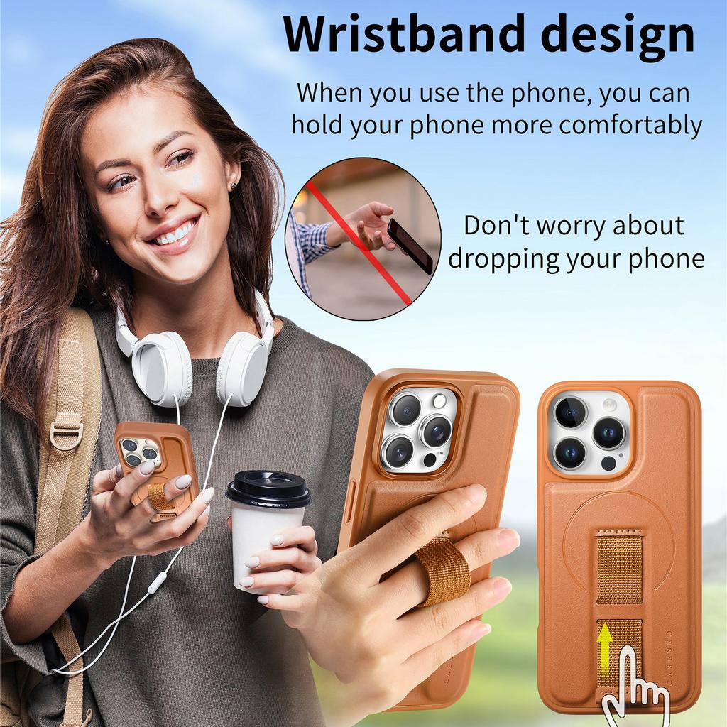 CASENEO For iPhone 16 Pro Max Magnetic Case Hand Strap Design PU Leather+PC Phone Cover