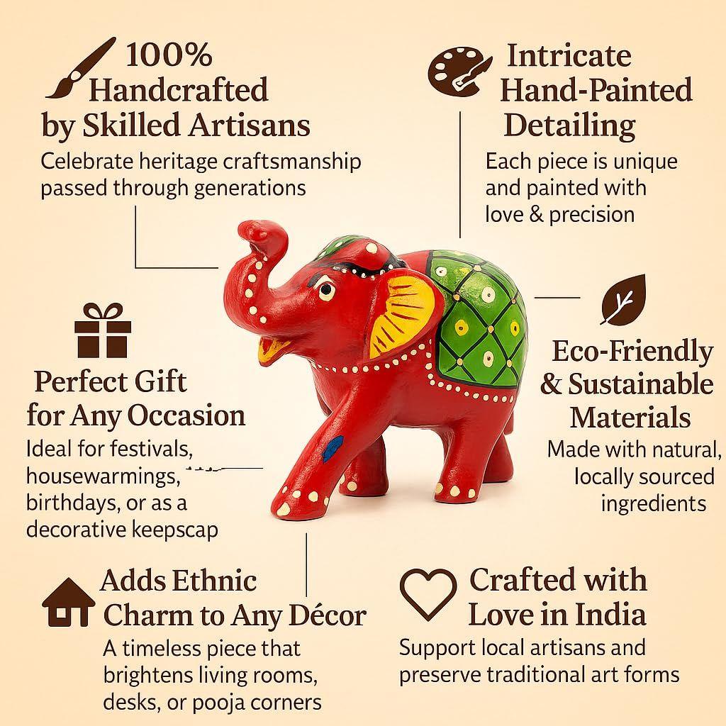 Paper Mache Elephant Showpiece for Enhance Home Decor - Red (Set of 3)