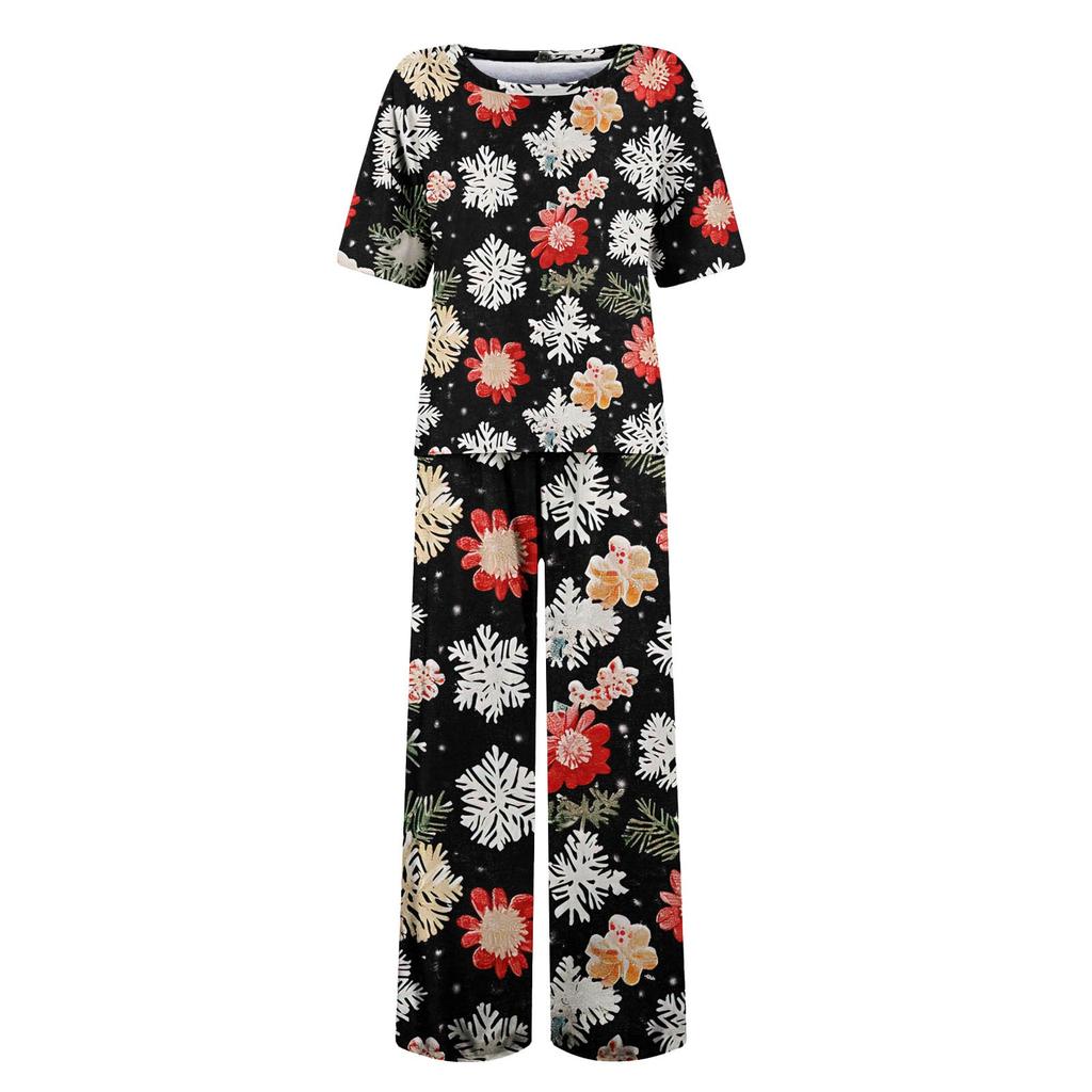 Женский шелковый атласный пижамный комплект с рождественским принтом, рубашка с коротким рукавом и длинные пижамные штаны, мягкая домашняя одежда