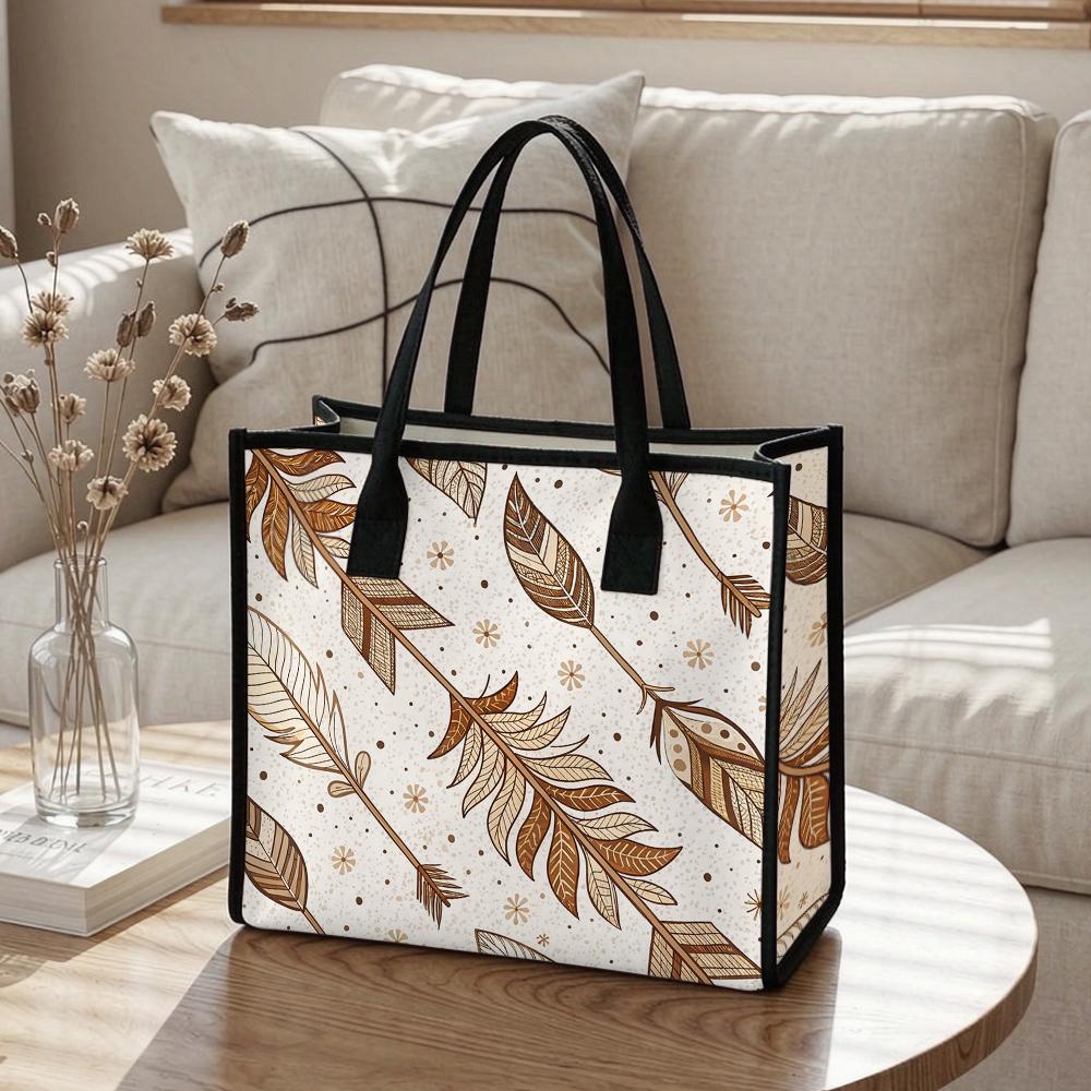 Boho Feather Arrow Print Tote Bag Casual Daily Use Portable Women Stylish Handbag for Shopping Outdoor Commute
