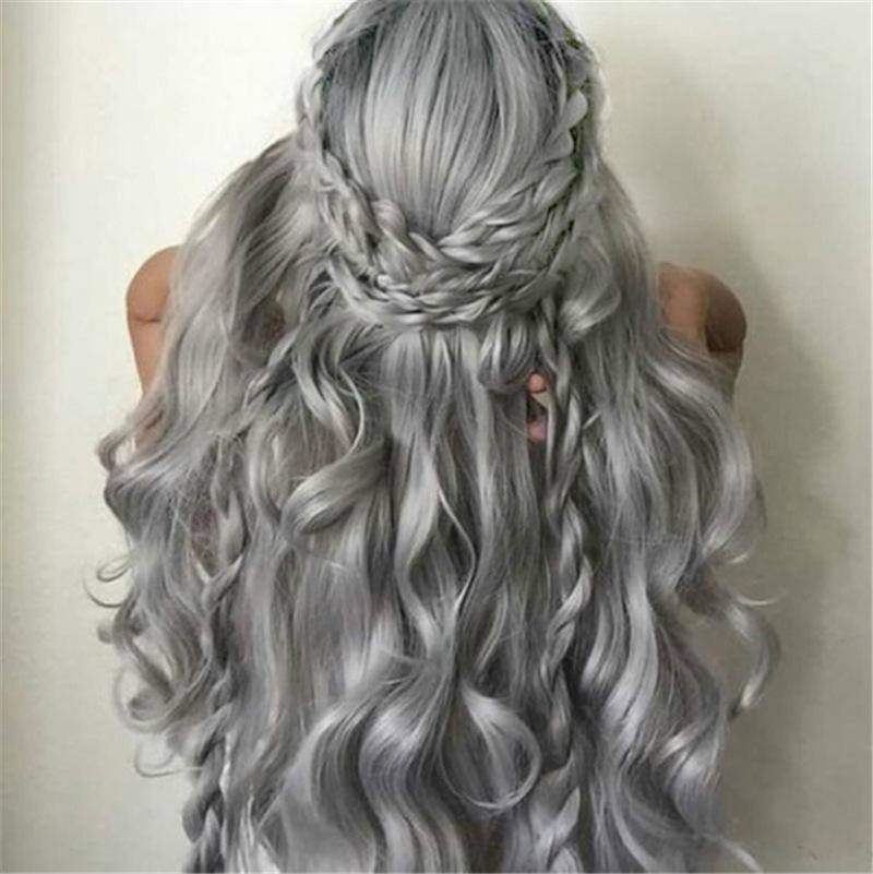 European and American fashion wig, long curly hair, big wave wig, headgear, smoke gray, medium curly hair, full headgear.