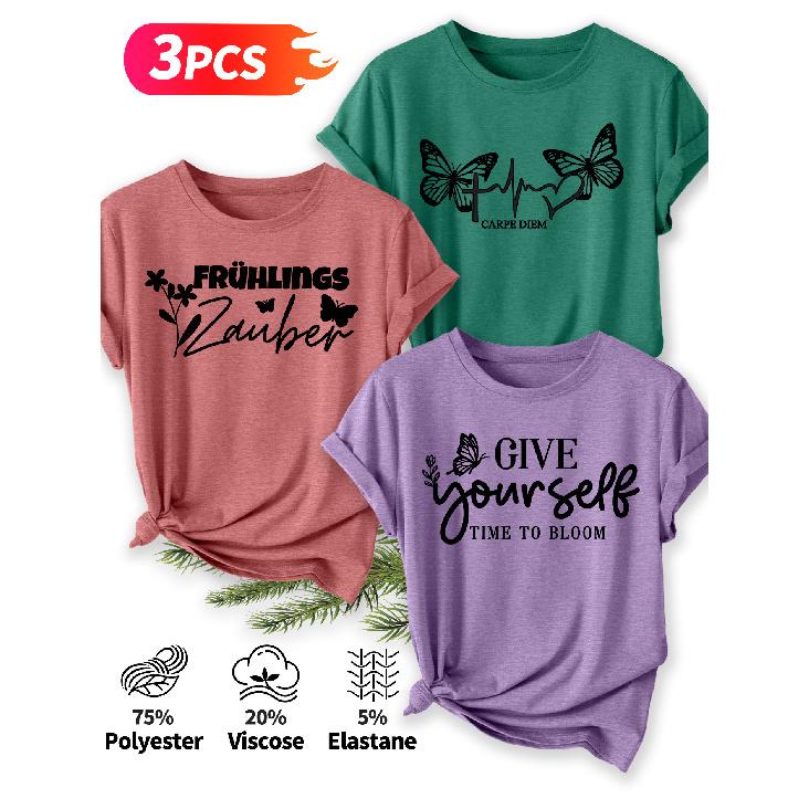 Three-piece set Elegant short-sleeved shirt for women Butterfly Spring Inspirational Slogan Print Pattern Round Neck Short Sleeve Casual Style