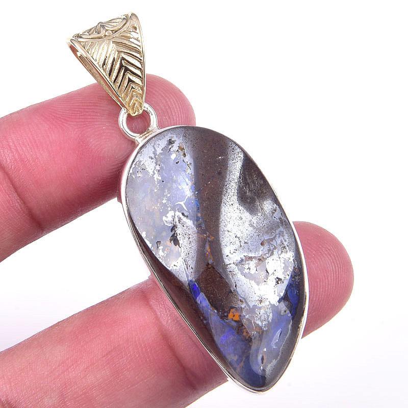 Natural Boulder Opal Gemstone Handmade 925 Solid Sterling Silver Pendant 2" Z1D01