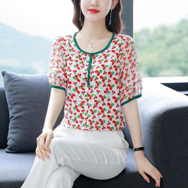 Новая шифоновая рубашка с цветочным принтом, женская рубашка с короткими рукавами и круглым воротником, свободный повседневный топ, женская одежда, женские Blusas