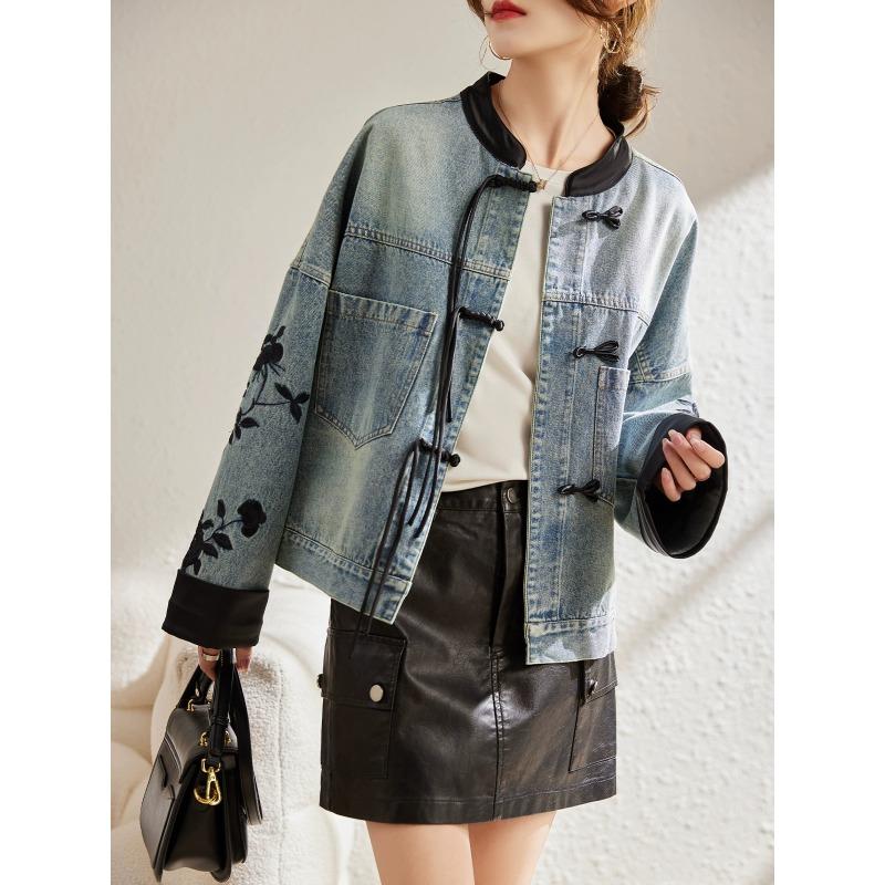 Spring Shirt Denim Coat Blouse Casual Long Sleeve Shirt Women Shirt Loose Leaf Embroidery Ladys Tops