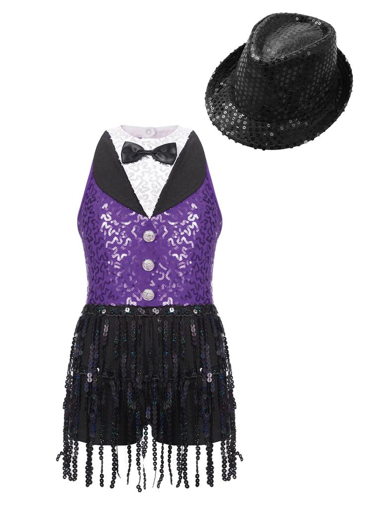 Детский танцевальный костюм для латинского танго, джаза, румбы, костюм из двух предметов для уличных танцев, черлидинга, комбинезон с блестками и шляпой, детский танцевальный конкурс