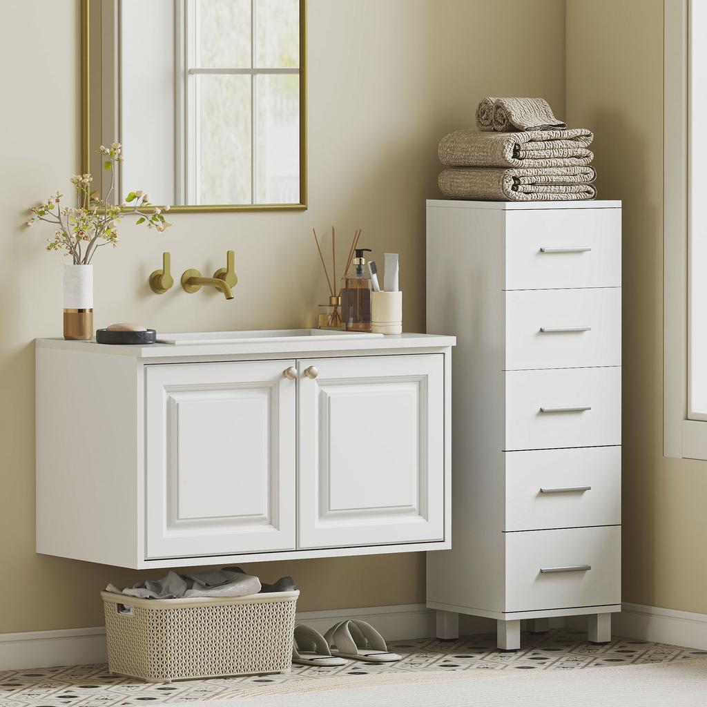 Bathroom Chest of Drawers, 5 Drawers, 30 x 30 x 95 cm, White