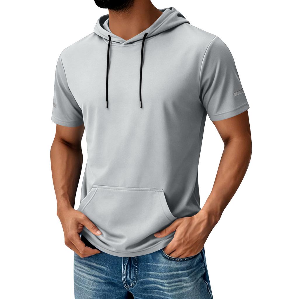 Men's Hooded Pocket Top  Men's Casual Sports Quick Drying Short Sleeved Top