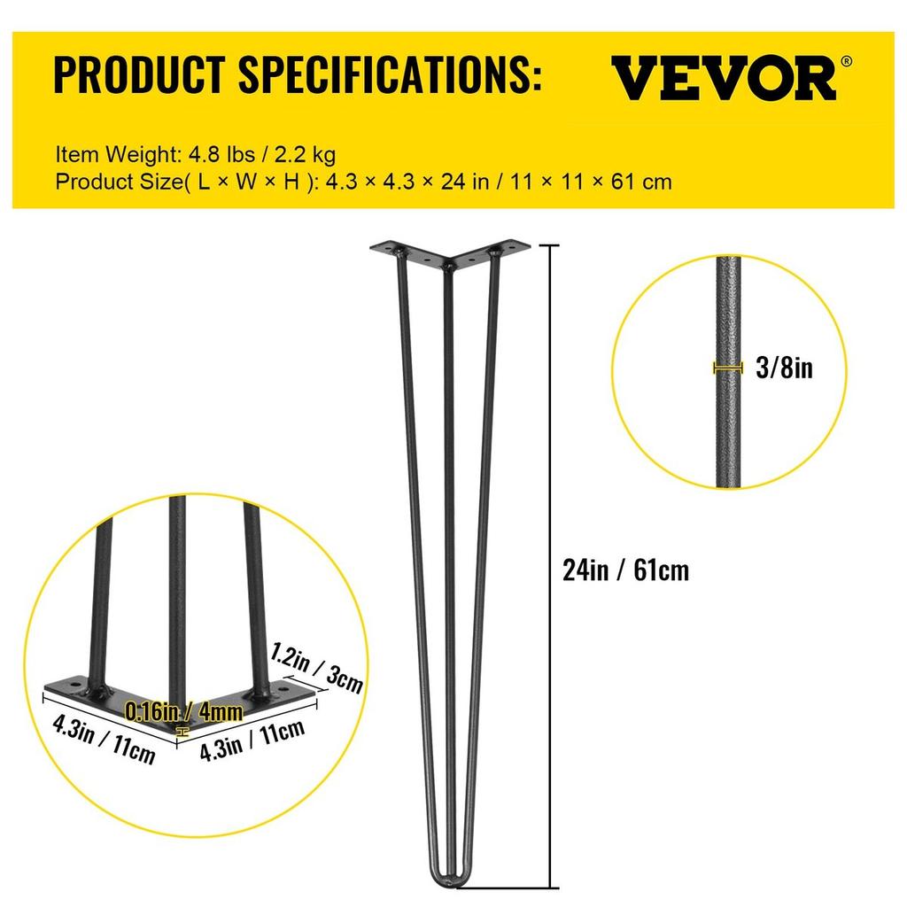 Hairpin Table Legs 24 inch Black Set of 4 Desk Legs Each 220lbs Capacity Hairpin Desk Legs 3 Rods for Bench Desk Dining End Table Chairs Carbon Steel
