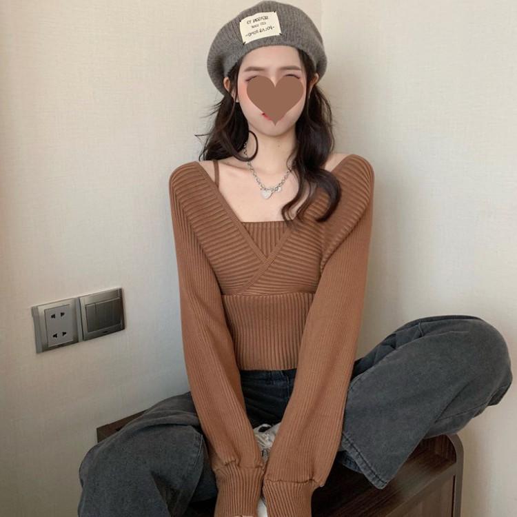 Поддельные два свитера, женские весенне-осенние вязаные свитера с v-образным вырезом, корейские короткие пуловеры