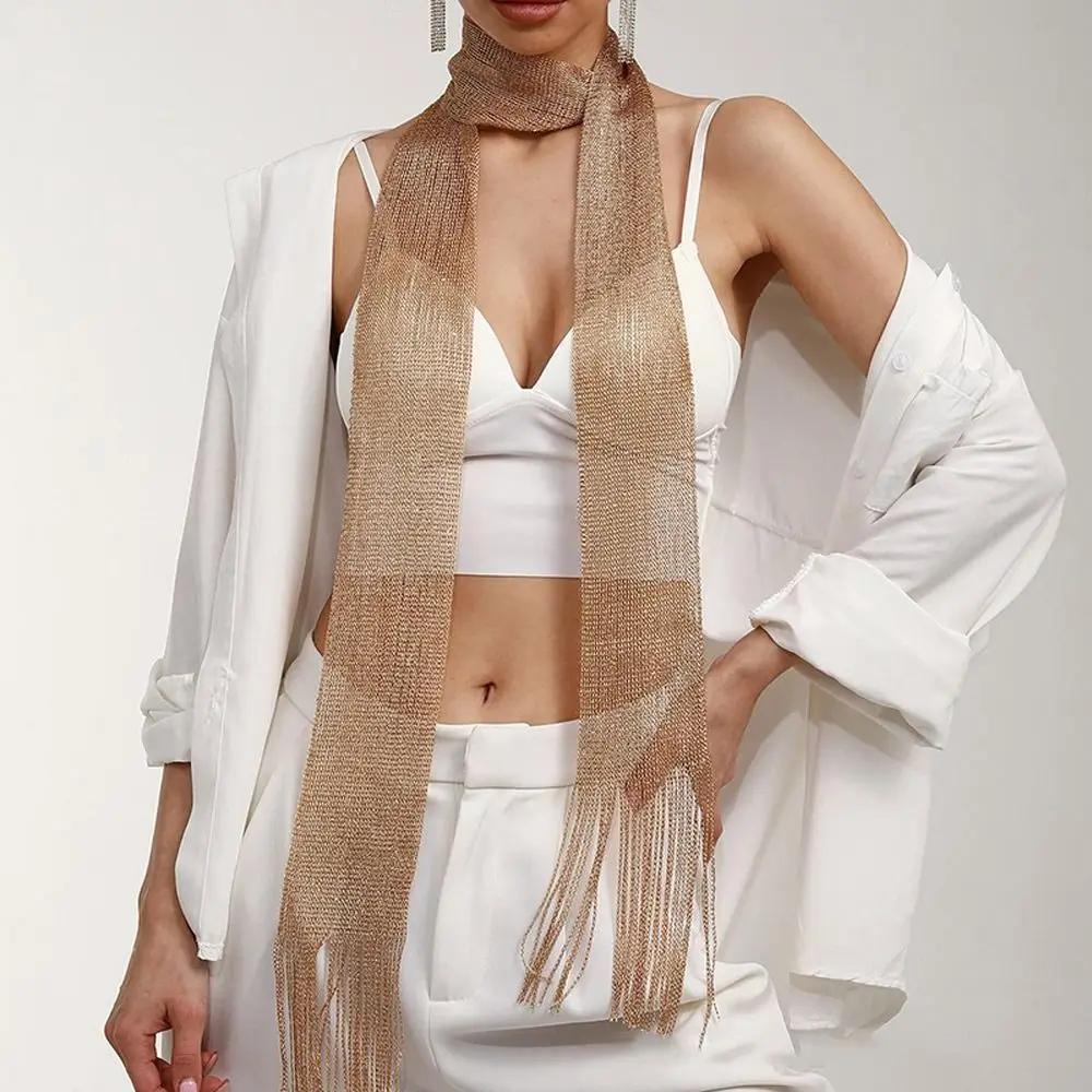 Модный кружевной шарф с кисточками, тонкий, длинный, блестящий, яркий, шелковый, солнцезащитный платок, блестящее кружевное ожерелье для женщин, шарф для вечернего платья