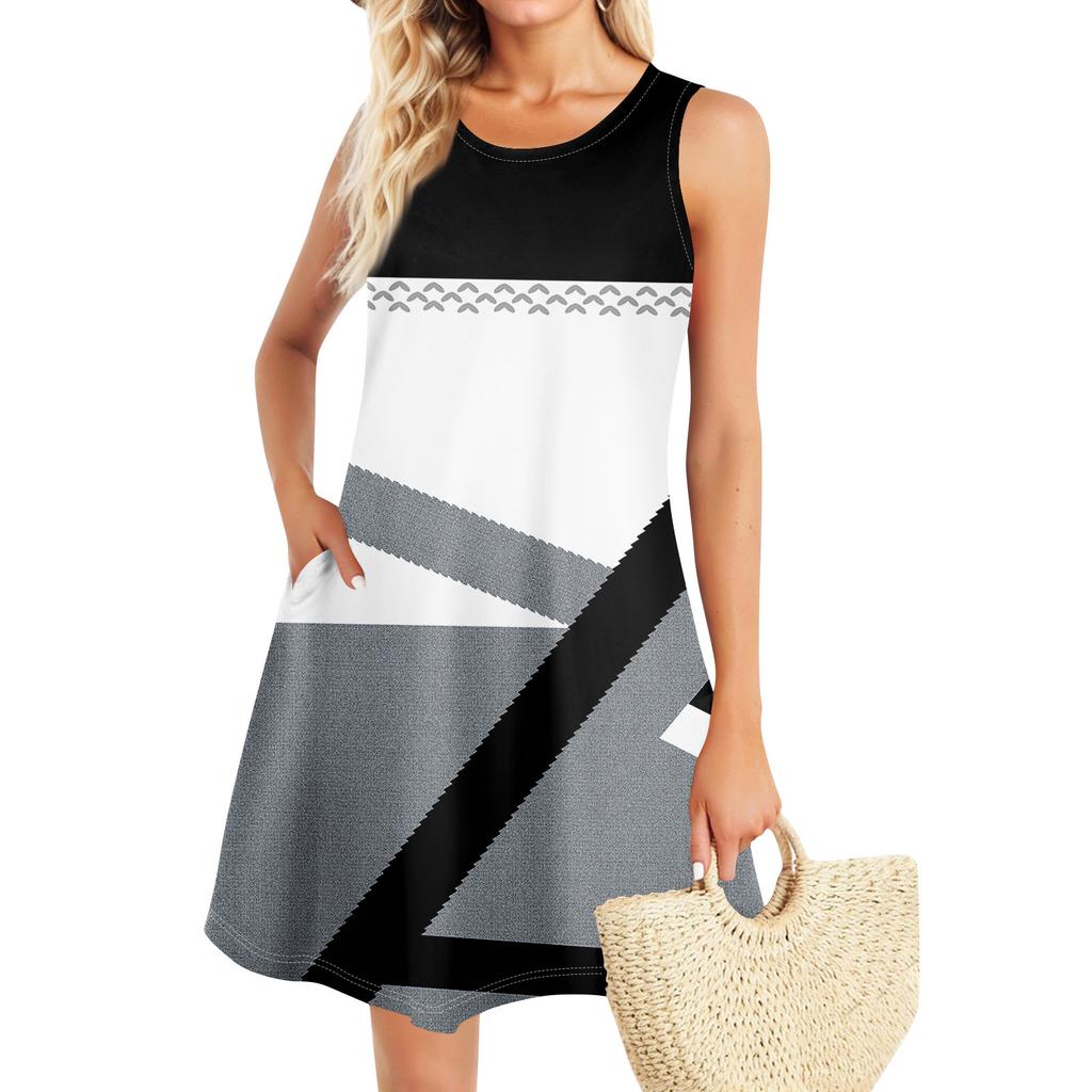 Летние платья для женщин Пляжный Бохо без рукавов Винтажный принт Футболка с карманами Сарафаны-майки