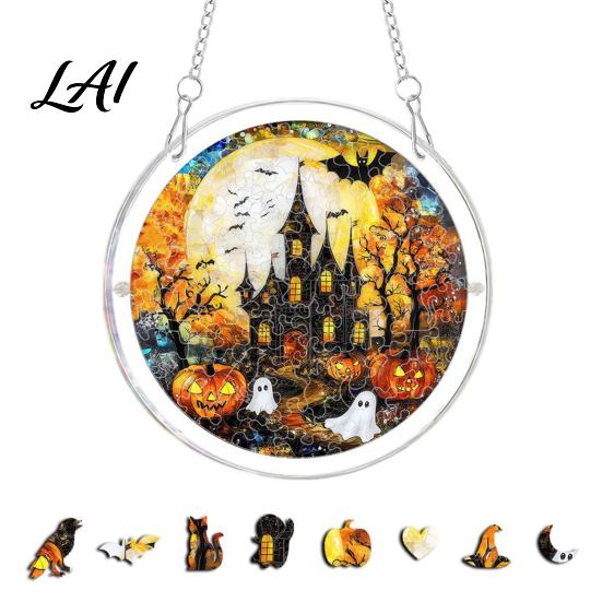Realistic Suncatcher Acrylic Puzzle Suncatcher Halloween Black Cat Castle Raven DIY Sun Catcher Kit Stained Glass Window Hanging Ornament for Home,