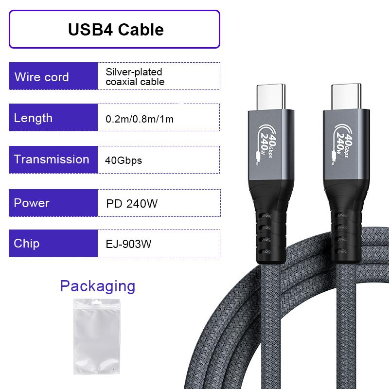 ULT-unite Coaxial Type 4K 144Hz 0.2m 0.8m 1m 40Gbps USB4 Braided Type-C USB Cable 240W Fast Charging with Certified