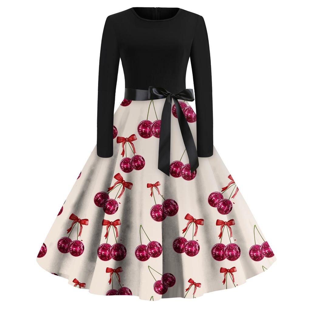 Женское платье с круглым вырезом и большим подолом, плиссированная юбка с длинными рукавами, платье