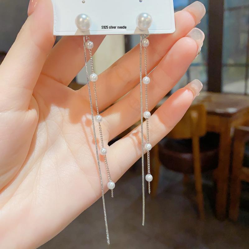 Korean Style Versatile Pearl Tassel Earrings - Slimming Effect, Chic & Sweet Design