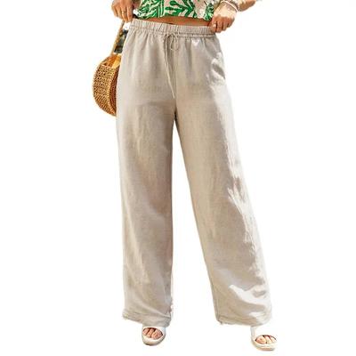 Женские брюки однотонные повседневные с карманами свободные на резинке со шнурком хлопок лен прямые брюки