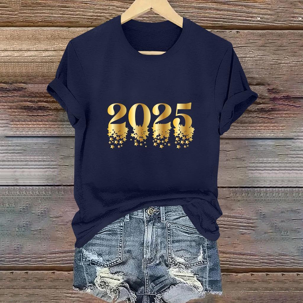 Ladies Casual 2025 New Year Printed Round Neck Short Sleeve T-Shirt Top