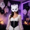 Breathable Halloween Face Mask Long Fur White Fox Half Mask, Masquerade Cosplay Furry Elegant Fairy for Ancient Style Photoshoot Party Performance