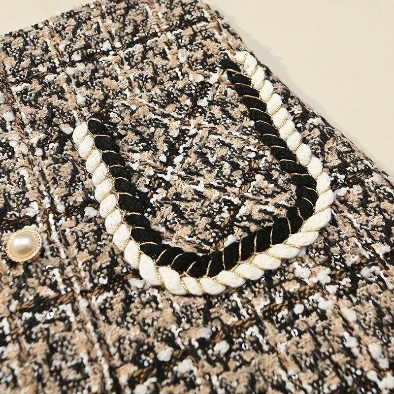 Осенне-зимняя клетчатая твидовая юбка, женская толстая шерстяная блестящая мини-юбка на пуговицах с жемчугом и передним карманом