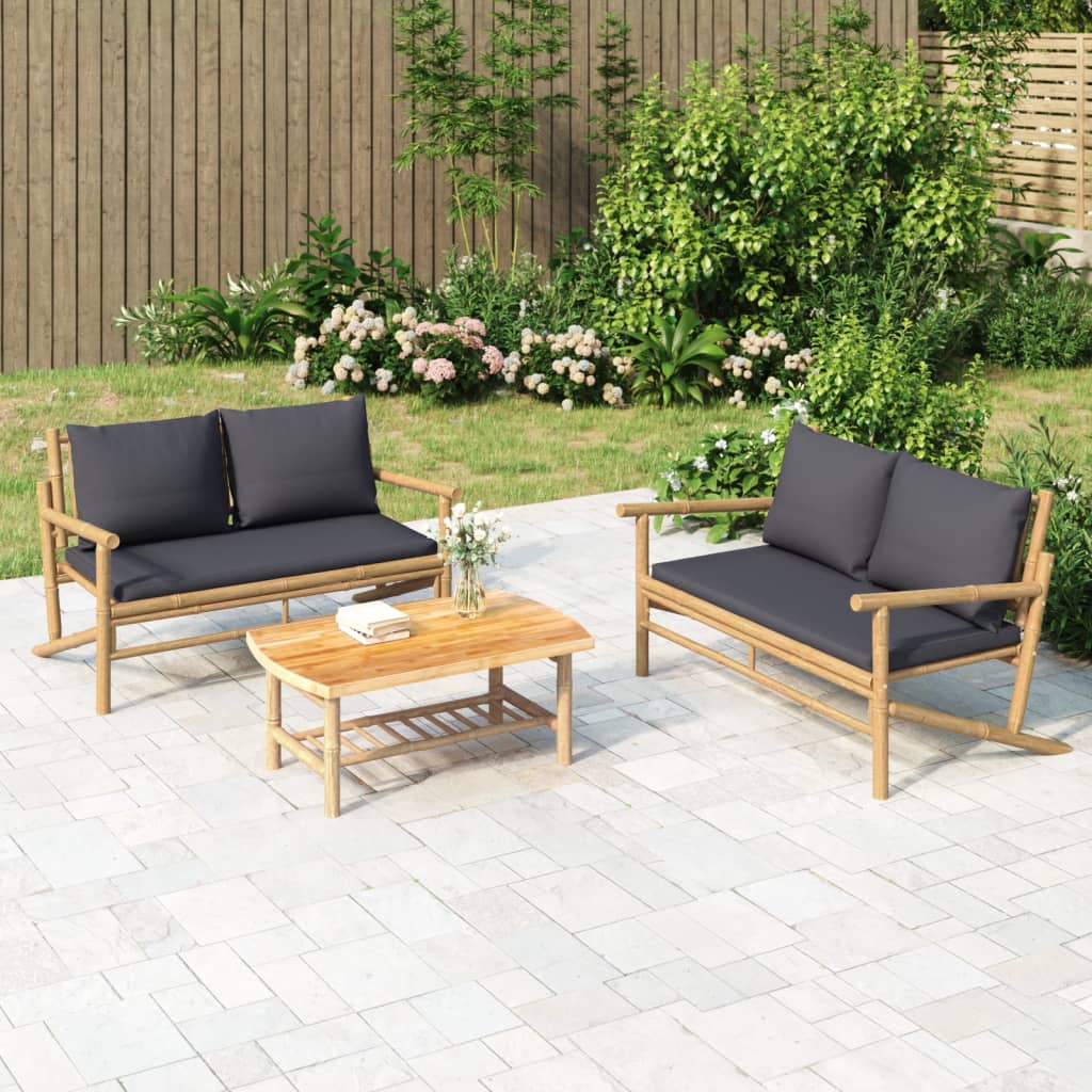 3 piece Garden Lounge Set with Dark Gray Cushions Bamboo