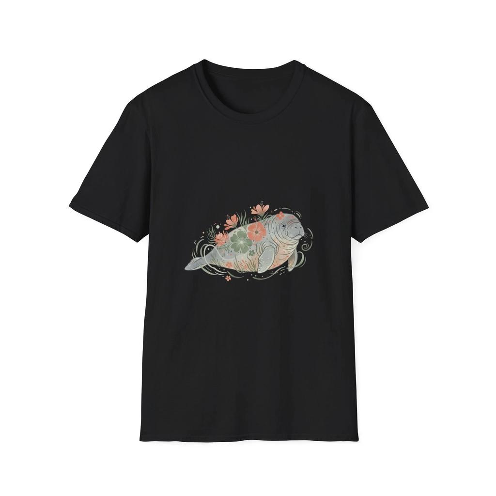 Manatee Floral Watercolor Nature Boho Black Tee Aesthetic T-Shirt