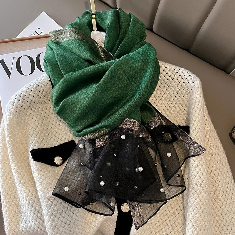 Spring/Summer Comfortable Imitation Silk Print Wraps Elegant Breathable Beaded Scarf for Women Casual Classic Breathable Shawl