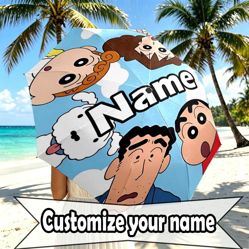 Custom Name Personalized Crayon Shin Print Umbrella, Auto Open Close, 8‑Rib Sturdy Frame, Commute Camping Hiking Use, Birthday Gift