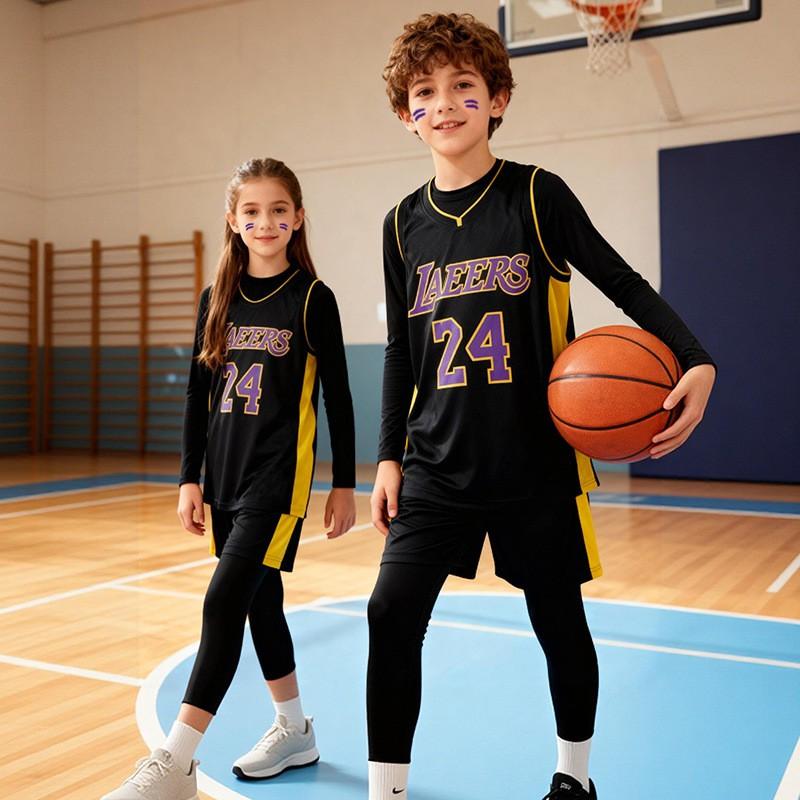 Kids Basketball Uniform Set 4-Piece Long Sleeve Jersey Compression Base Layer Boys Girls Youth Team Sports Fall Winter