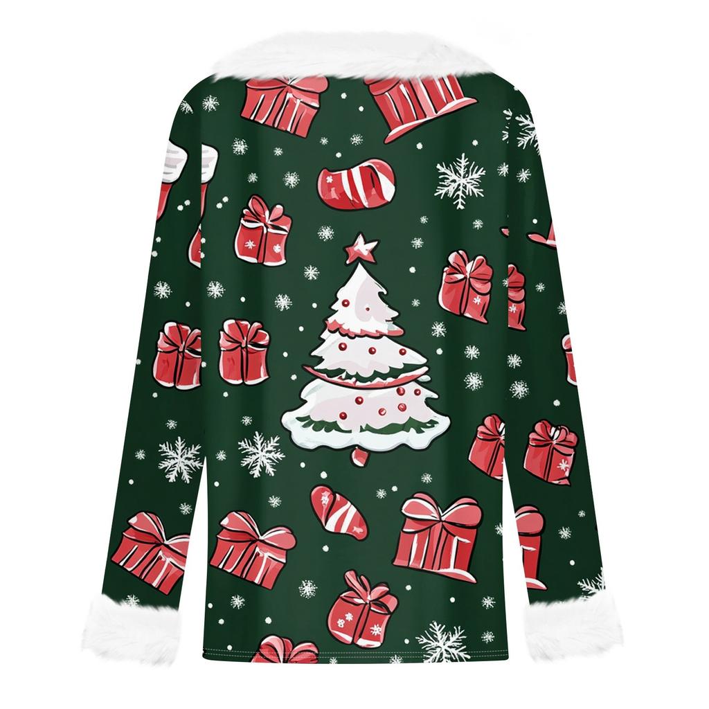 Женская футболка с рождественским принтом, длинный рукав, флисовый воротник, V-образный вырез, футболка