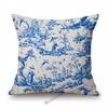 Navy Blue Delft Blue Toile De Jouy Pattern Design Royal Elegant Home Decorative Sofa Throw Pillowcase Cotton Linen Cushion Cover