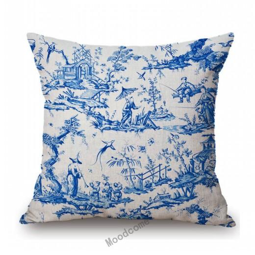 Navy Blue Delft Blue Toile De Jouy Pattern Design Royal Elegant Home Decorative Sofa Throw Pillowcase Cotton Linen Cushion Cover