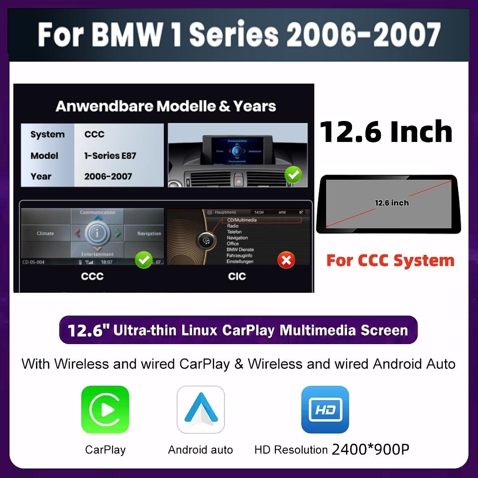 12.6 inch Ultra Wide Linux Screen Upgrade for BMW E87 1 Series 2006-2007 CCC 2008-2011 CIC Plug and Play Supports Factory iDrive