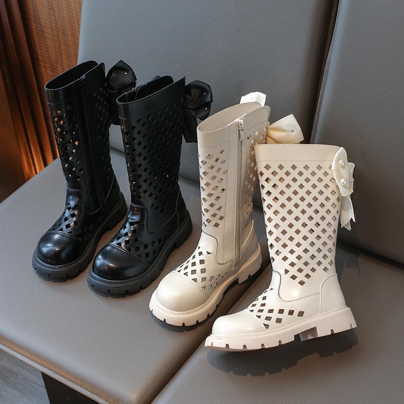 Детские полые сапоги для девочек, летние высокие сапоги, модные детские сапоги для принцессы с узлом-бабочкой, нескользящие, британский стиль