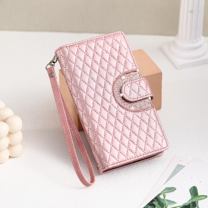Luxury Glitter Powder Zipper Wallet Case with Card Slots for iPhone Samsung Xiaomi Redmi Google OPPO Long Strap + Short Strap Flip Leather Phone Bag