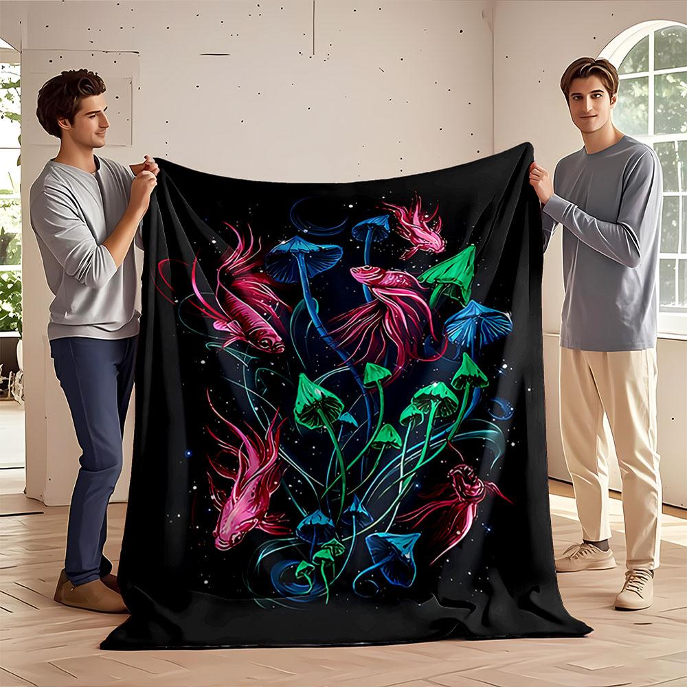 Vivid fish and mushrooms intertwined in a cosmic, glowing night scene. for all seasons blanket lunch break throw gift