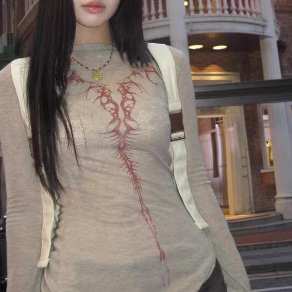 Винтажная эмо-одежда 90-х годов E-girl с графическим принтом Y2K, футболка в стиле гранж, женская футболка в стиле Харадзюку в стиле ретро с длинными рукавами, уличная одежда в стиле гот-панк