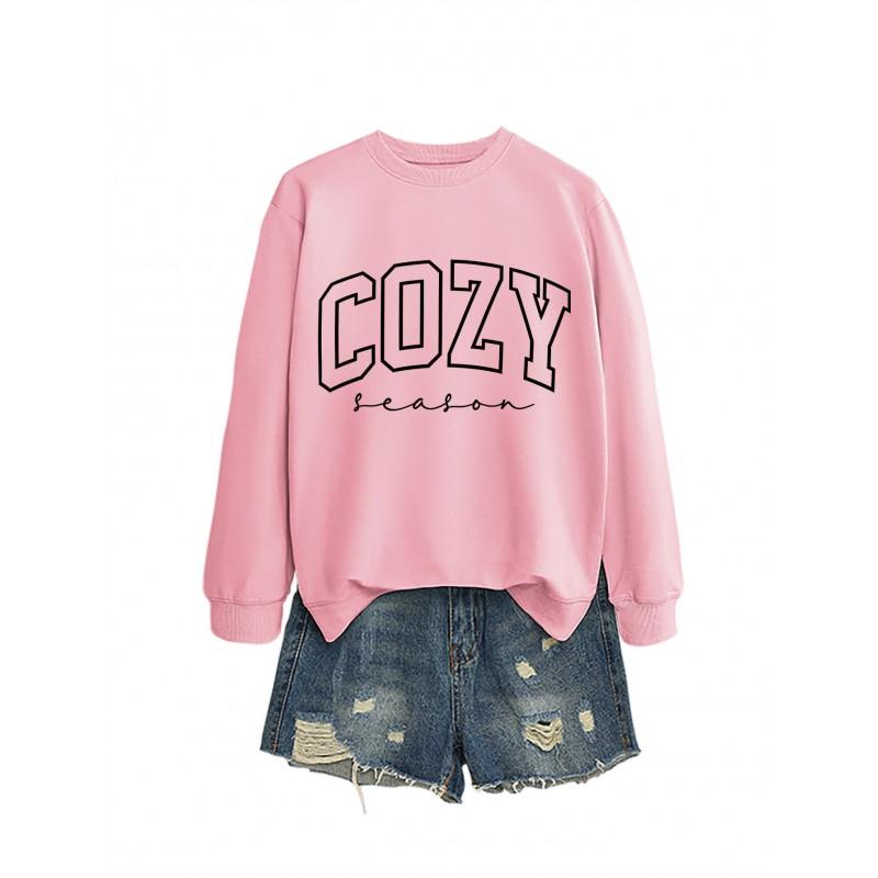 Womens Cozy Casual Round Neck Long Sleeve Cotton Sweatshirt With Letter Print Loose Fit