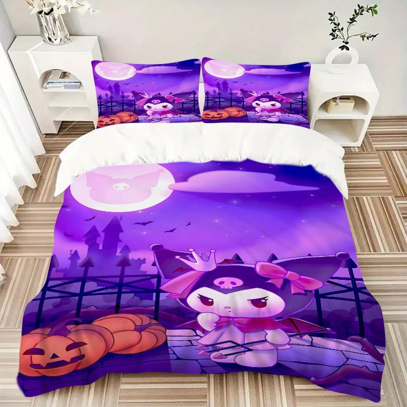 3pcs Halloween Night Kuromi's Spooky Castle Printed Duvet Cover Set (1 * Cover+2 * Pillowcase, Without Core), Suitable for Home Bedroom, Guest Ro