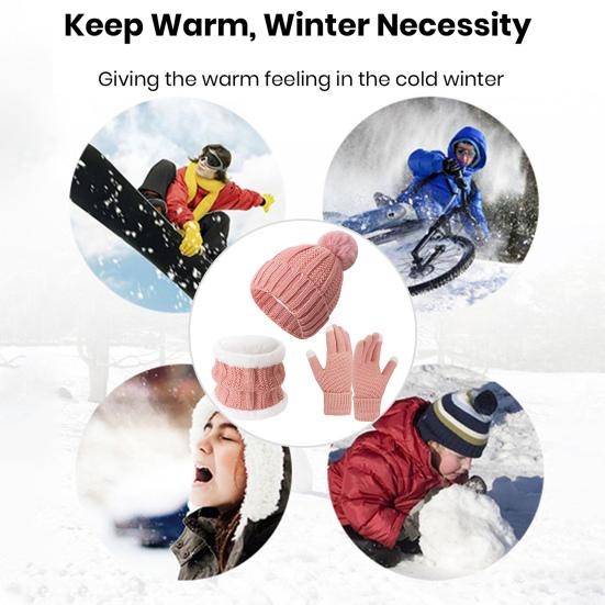 Winter Hat Scarf Gloves Set Fleece Lined Hat Warm Neck Wrap Thick Knitted Touchscreen Gloves for Men Women Cycling Hiking Travel