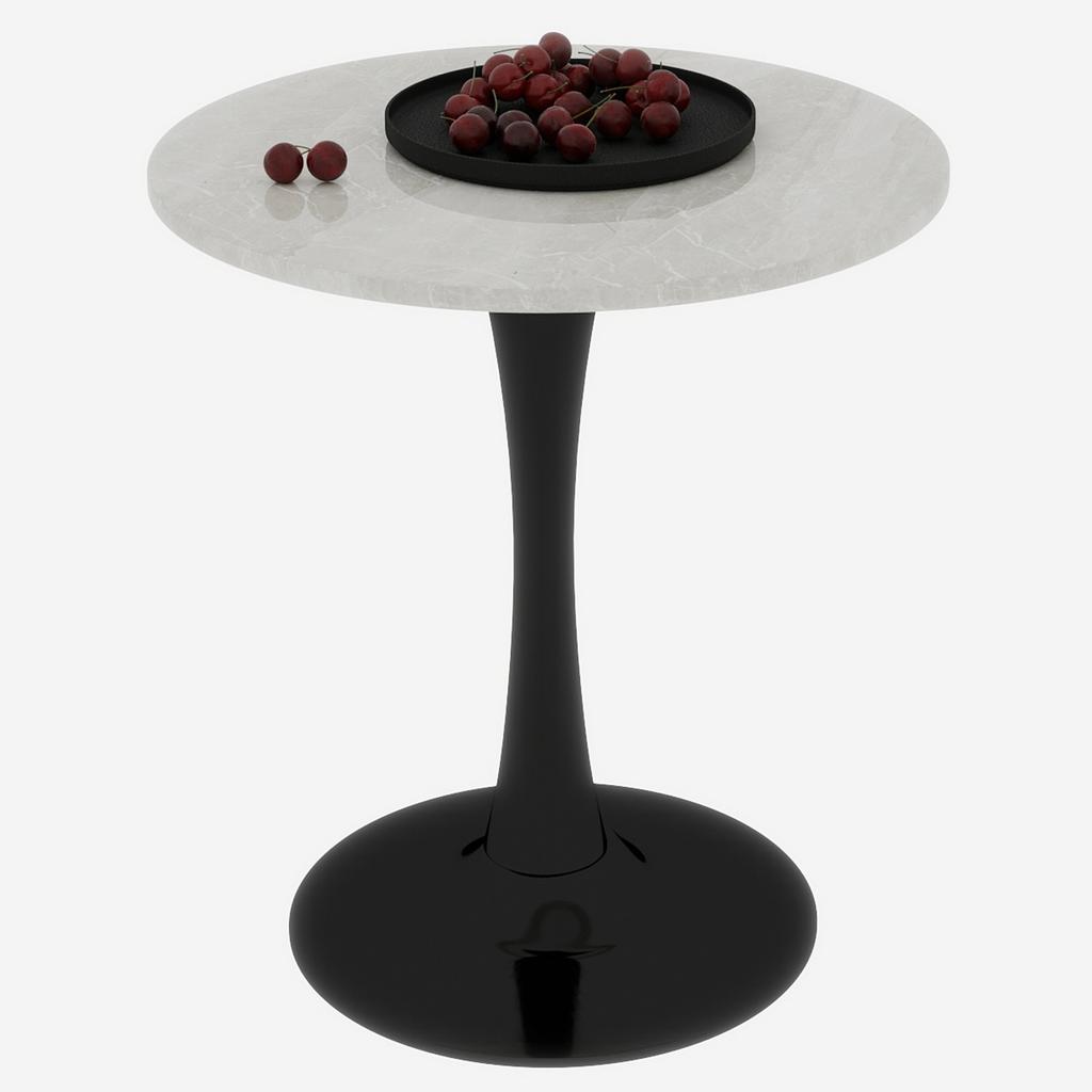 27.6-Inch black coffee table, mid-century modern style, for 2-4 people, round marble tabletop with a white veined finish, various settings.
